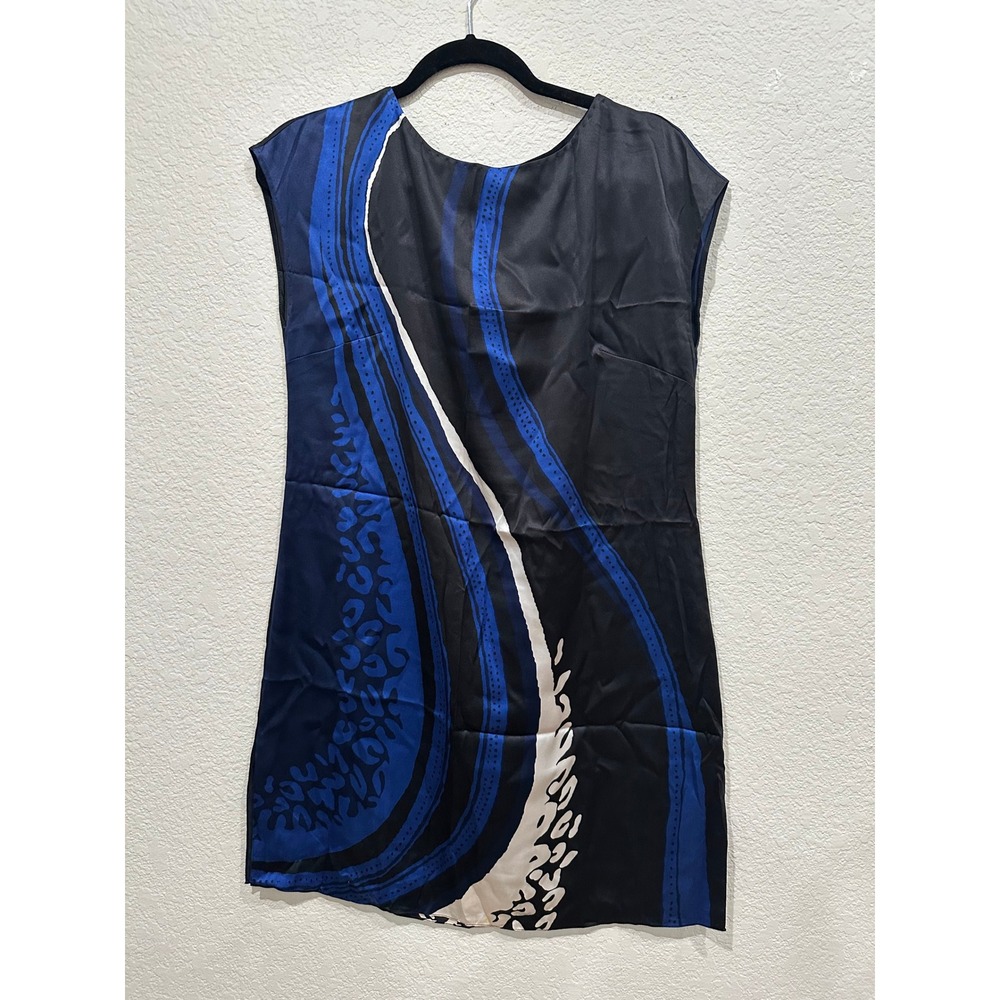 Elie Tahari Silk Blend Abstract Swirl Print Shift Dress Blue Black White S